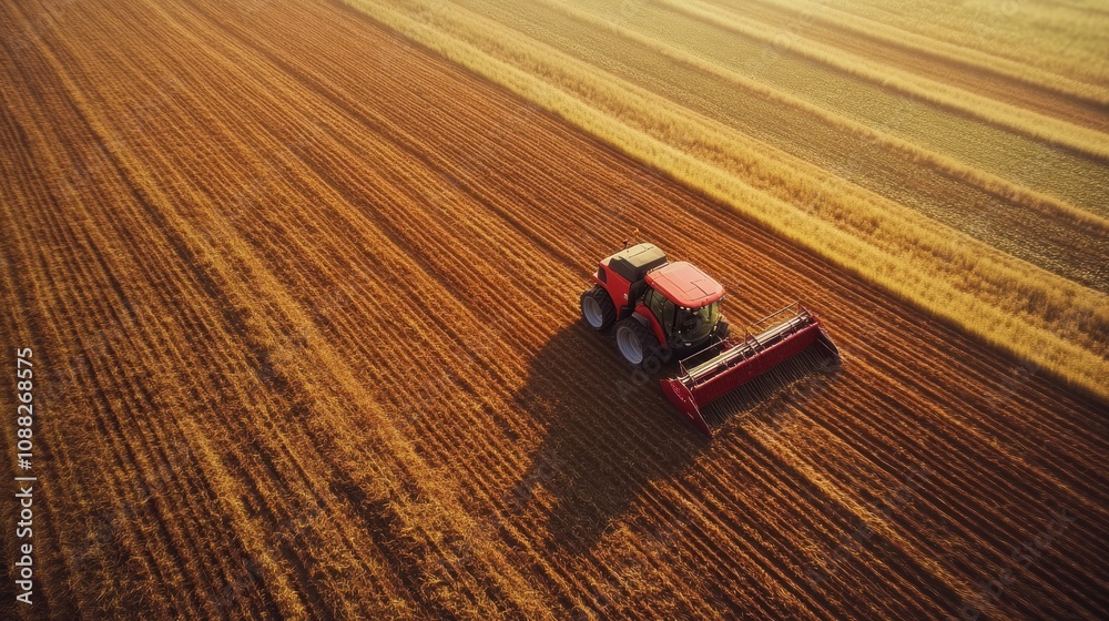 Poster advanced robotic machines are actively working on a farm, planting or harvesting crops in the golden