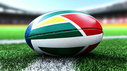 A Rugby Ball with a Green, Yellow, Red, and White Design is Lying on Green Grass.