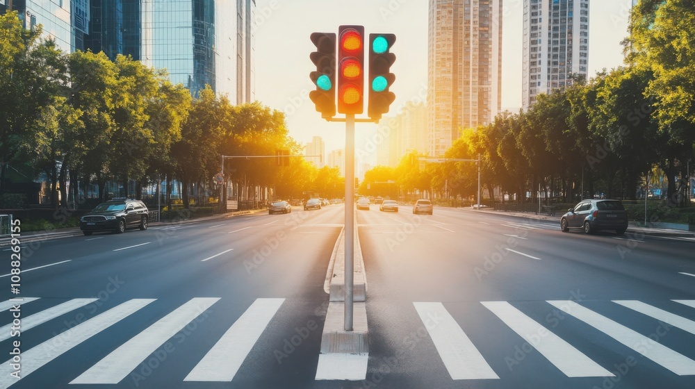 Poster A sophisticated AI-powered smart traffic light system, modern urban intersection with advanced traffic signals and real-time flow optimization, Traffic style