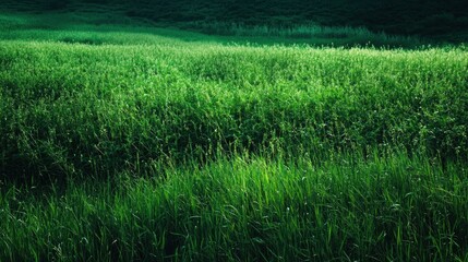 Fototapeta premium A vibrant green meadow showcases tall grasses and healthy soybeans, reflecting the beauty of nature in a peaceful rural area. Generative AI