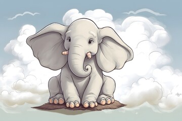 Fototapeta premium Cute Baby Elephant Sitting on Clouds Adorable Animal Illustration