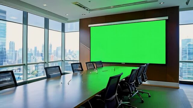 Modern Conference Room with Green Screen & City View: Perfect for Presentations, Video Calls, and Virtual Backgrounds