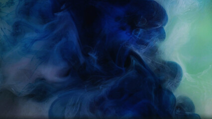 Fog painting. Oil art. Draw drops. Shiny swirl. Oracle sphere. Blue color glowing shimmering grain texture cloud on dark green color abstract background.