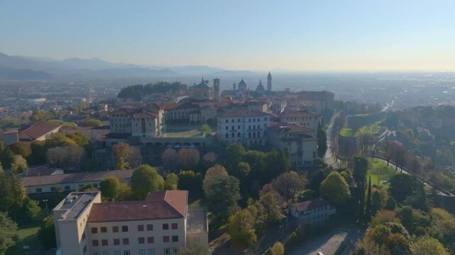 Bergamo Alta beautiful autumn sunny day,
approaching the old city from the episcopal seminary