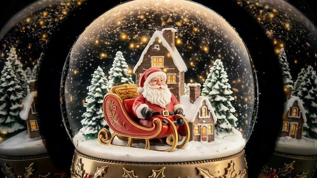 4K Footage - Magical snow globe with Santa Claus, sleigh, detailed houses, snowy trees, golden lights, and intricate holly leaf engravings on the base, with shimmering snowflakes inside.
