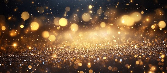 Abstract background with sparkling golden glitter and bokeh lights.