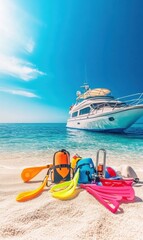 Obraz premium Explore the Joy of Summer at the Beach: A Vibrant Scene with Snorkeling Gear and a Luxurious Yacht Under a Brilliant Blue Sky