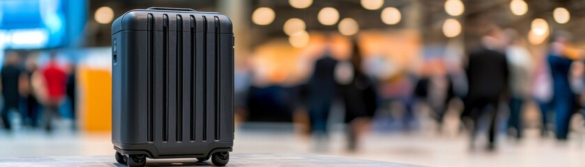 Fototapeta premium baggage travel infrastructure. A sleek black suitcase stands prominently in a bustling environment, with blurred figures and lights in the background, suggesting travel and movement.