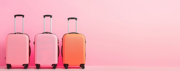 baggage travel infrastructure. Three stylish suitcases in varying shades of pink and orange set against a soft pink background, ideal for travel lovers and fashion enthusiasts.