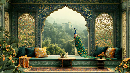 A Peacock Perched on a Window Seat Overlooking a Lush Green Landscape, Surrounded by Intricate Architectural Details in a Serene Palace Setting
