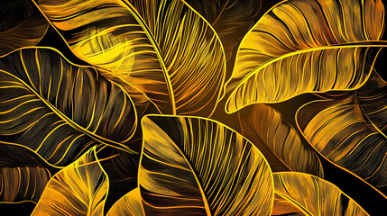 Golden Leaves Abstract Art Background: Tropical Foliage Pattern in Elegant Gold Hues, Perfect for Decor and Design