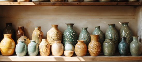 A collection of handcrafted ceramic vases in various colors and patterns, arranged on a wooden shelf.