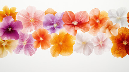 Vibrant floral arrangement featuring colorful hibiscus flowers in various shades. This beautiful display showcases delicate petals and natural beauty of each bloom, creating cheerful atmosphere