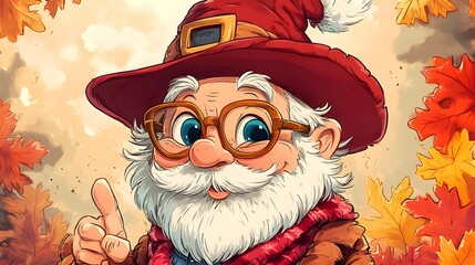 Cheerful Autumnal Gnome Offering a Pointing Gesture Amidst Vibrant Fall Foliage, cartoon style