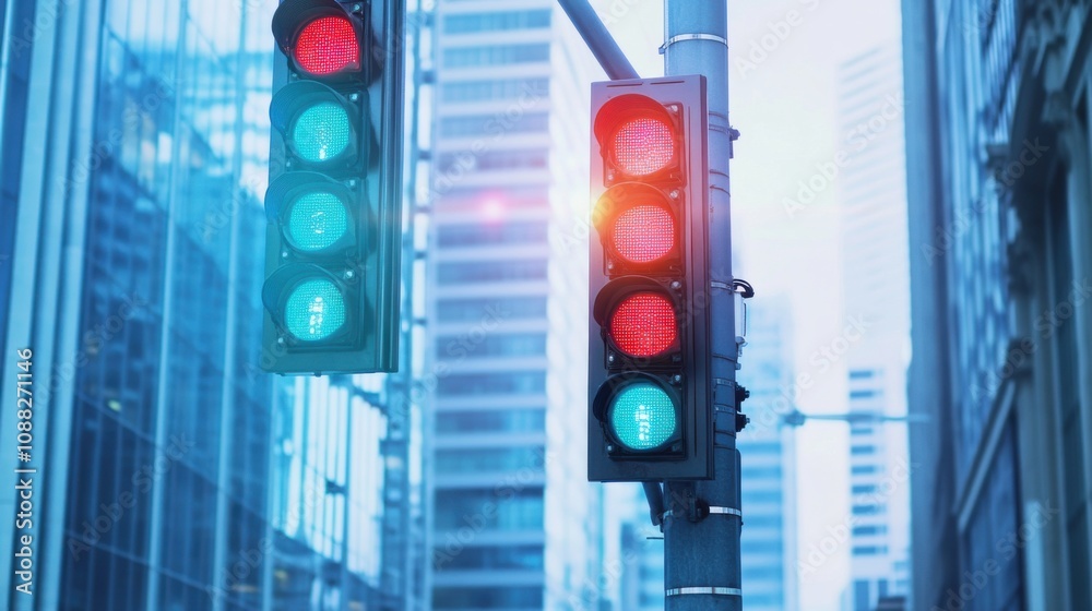 Aufkleber A sophisticated AI-powered smart traffic signal system, modern city streets with advanced traffic management interfaces and real-time signal optimization, Urban style
