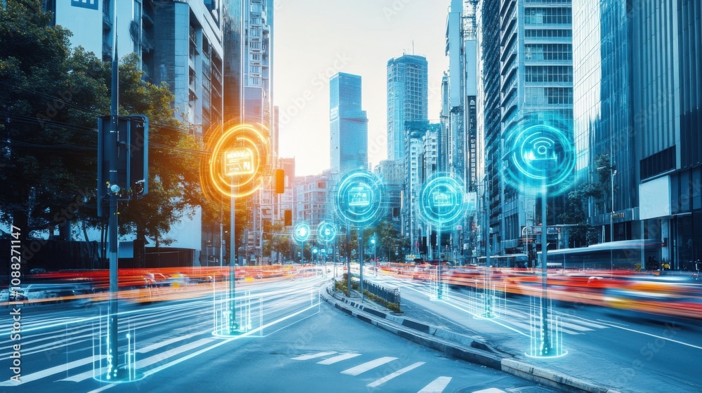 Poster A sophisticated AI-powered smart traffic signal system, modern city streets with advanced traffic management interfaces and real-time signal optimization, Urban style