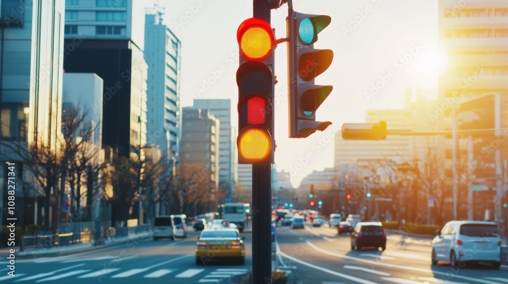 Fototapete A sophisticated AI-powered smart traffic signal system, modern city streets with advanced traffic management interfaces and real-time signal optimization, Urban style