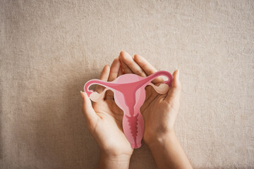 woman holding uterus, female reproductive system , woman health, PCOS, gynecologic and cervix cancer concept