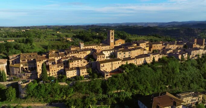 Colle Val d'Elsa Town At Sunrise - Hill of Elsa Valley In Tuscany, Italy. - aerial shot