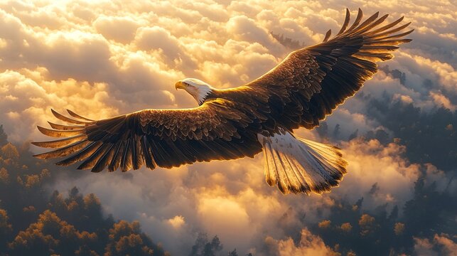 A majestic eagle soaring high above the clouds, its wings spread wide as it captures and carries away food in its beak, 