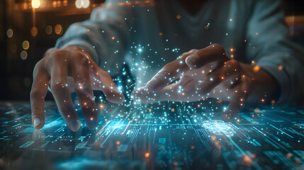 dynamic shot of a programmer's hands reaching out to touch a digital interface, creating a visually engaging scene that represents the connection between code and creativity, wit