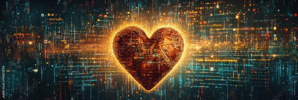Leinwandbilder a vibrant human heart is encircled by flowing digital code, symbolizing the intersection of life and