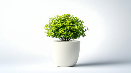 A Lush Green Plant in a White Pot Stands Against a White Background, Displaying a Simple and Elegant Minimalist Style.