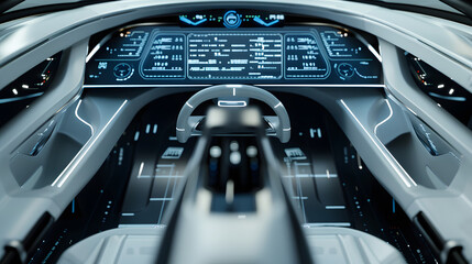futuristic car dashboard with a digital display showing blue glowing lines and codes, symbolizing high-speed data processing. The interior of the car is clean and modern, with gra