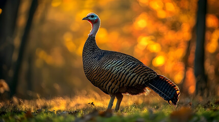 Fototapeta premium A Wild Turkey Stands in a Field of Golden Light, with a Blurred Background of Autumn Leaves, a Stunning Portrait of Wildlife in Nature