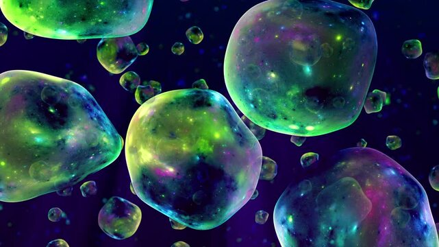 Cells or bubbles containing swirling particles. Loopable animation. Abstract background. Science concept.