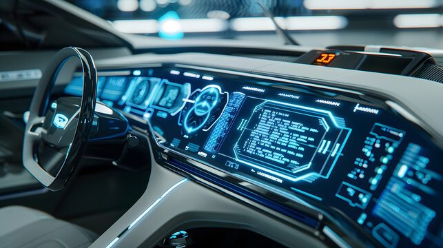 futuristic car dashboard with a digital display showing blue glowing lines and codes, symbolizing high-speed data processing. The interior of the car is clean and modern, with gra - Powered by Adobe