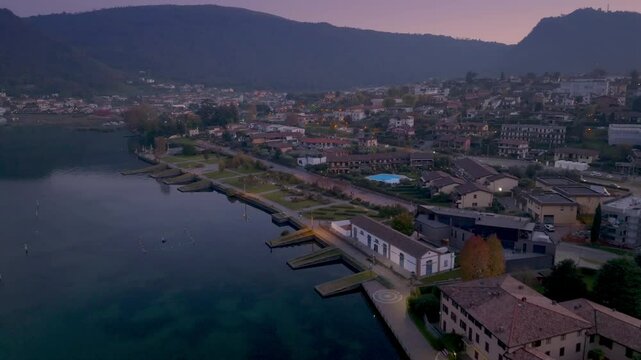 Iseo Lake, Paratico Brescia , new green lakeside walk at sunset