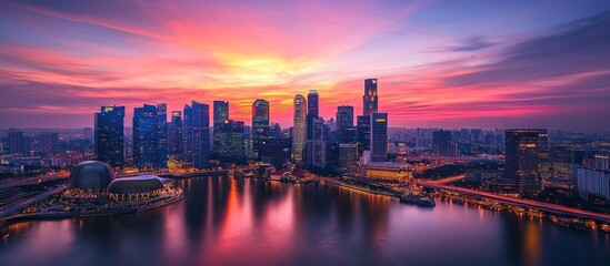 Obraz premium A panoramic view of a modern city skyline with tall skyscrapers and a river reflecting the vibrant sunset colors.
