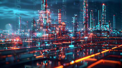 futuristic digital oil plant with holographic data visualization, showcasing the integration of AI and big data in industrial analysis and control systems
