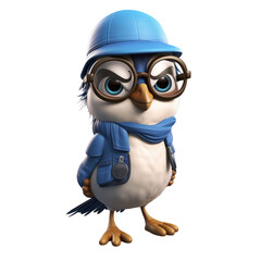 Fototapeta premium cute 3d cartoon blue jay wearing hat and glasses isolated on transparent background