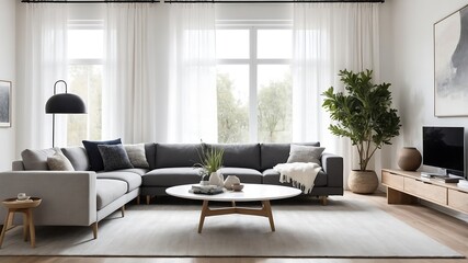 Interior of stylish modern living room with grey sofas and coffee table near big window