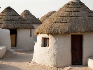 Photo of a traditional Indian village featuring mud houses with thatched roofs