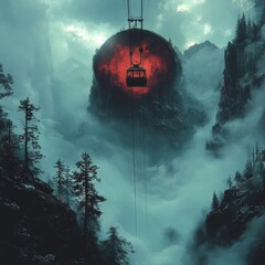 Fototapeta premium A surreal landscape featuring a glowing cable car amidst misty mountains and dark skies.