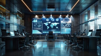 A consulting firma??s office with a large screen displaying financial data, surrounded by neatly arranged chairs.