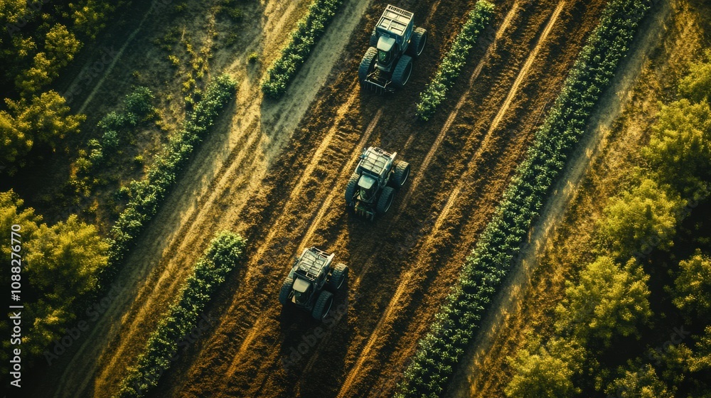 Poster advanced robotic machines are diligently planting crops in well-organized rows across the farm field