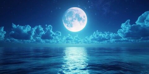 Majestic Full Moon Illuminating Night Sky Over Tranquil Ocean with Clouds on Blue Moonlit Seascape