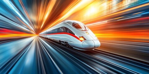 Obraz premium Modern High-Speed Passenger Train in Motion at Sunset on Railway Station