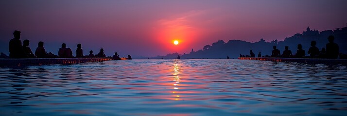 Silhouetted pilgrims engaged in spiritual devotion along the holy Ganga River with a serene and reflective sunset backdrop evoking a sense of peace faith and spiritual contemplation