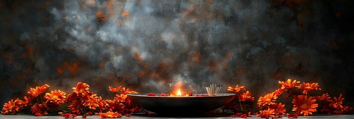Traditional Hindu aarti plate filled with aromatic incense sticks vibrant flowers and a lit diya oil lamp arranged on a clean minimalist background with generous copy space for design or text overlay
