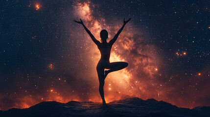 Naklejka premium woman practicing yoga in a peaceful silhouette against a starry sky, embodying tranquility, balance, and spiritual connection with the universe