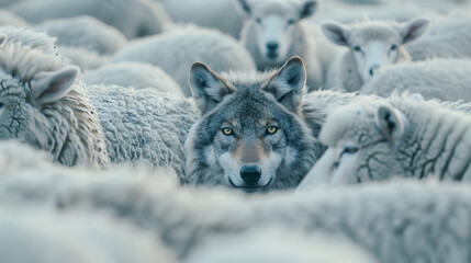 wolf hiding among a flock of sheep, leading the way or waiting for the right moment to act - Concept of identity and difference, of being unique among others, or metaphor for hidd