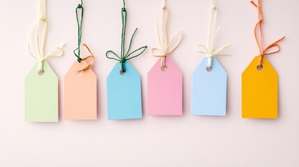 Shopping tags mock up concept.,A row of colorful, blank tags hanging by strings against a neutral background, perfect for labeling or crafting projects.
