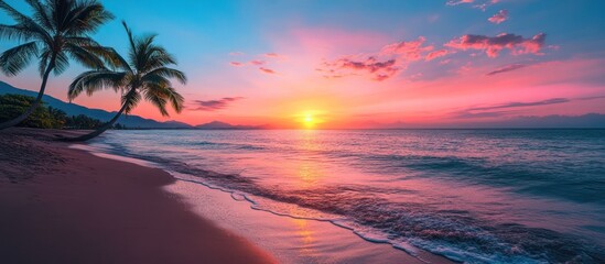 Tropical beach at sunset with palm trees on the sandy shore and pink and blue clouds in the sky.