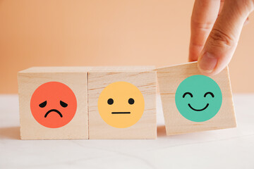 Hand choosing happy smile face wooden block, good feedback rating and positive customer review,...