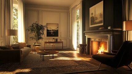 Beautiful Living Room with Fireplace, 8K Realistic Lighting